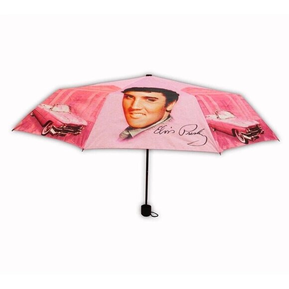 New 40" Width Pink Cadillac Elvis Presley Compact Umbrella The King Photo Caddie - Picture 3 of 4